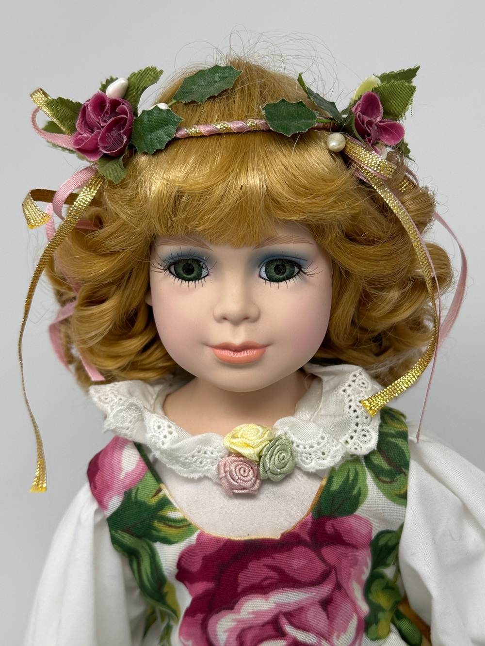 Limited edition Royal Albert Rose Porcelain Doll Blonde + Floral Dress on stand
